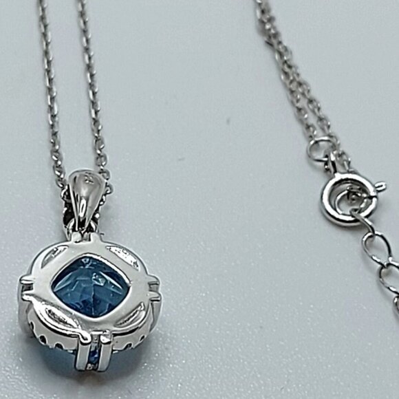 Natural Cushion‎ Sky Blue Topaz 8mm & Cz 925 Sterling Silver Necklace 17" - Picture 4 of 11